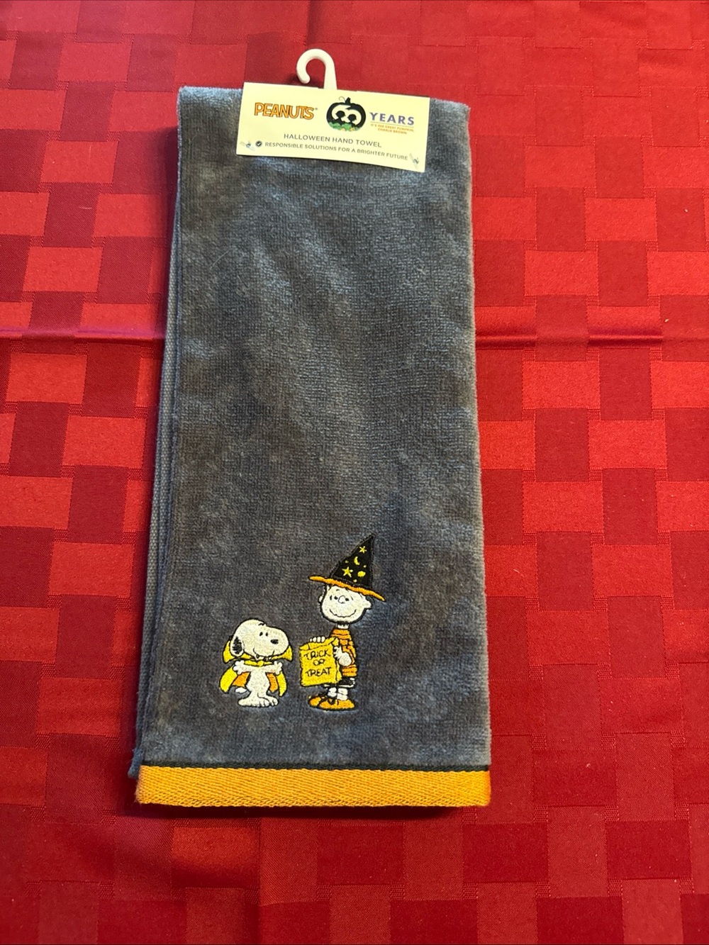 Peanuts Gray Hand Towel with Yellow Trim and Halloween Embroidery